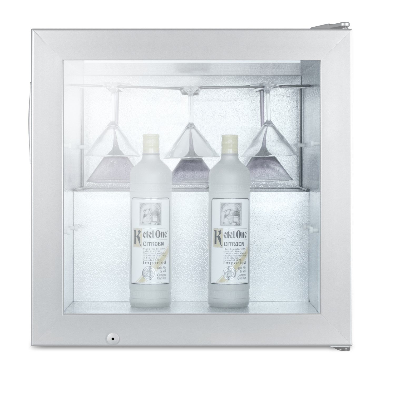 Compact commercial vodka chiller with self-closing glass door and stainless steel wrapped cabinet